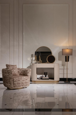 Garnituur woonkamer fauteuil ladekast spiegel beige stof hout relax 3-delig