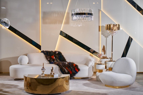 Witte bankstel 3+1-zits ontwerper Ronde glazen salontafel 3-delige set