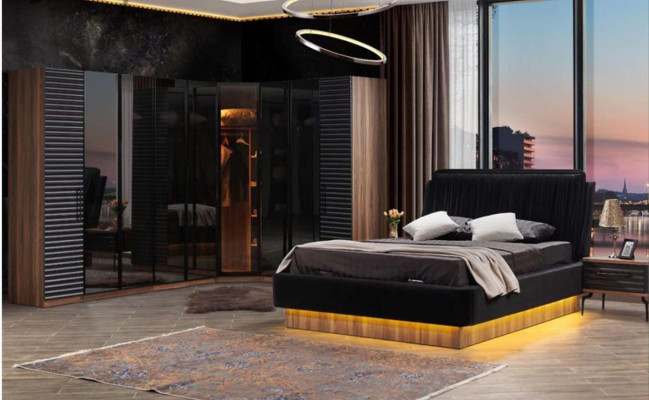Bruin-zwart slaapkamer set Compleet bed 2x nachtkastjes