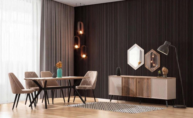 Beige eetkamer Moderne eetkamerset Eettafel Dressoir 2x spiegel