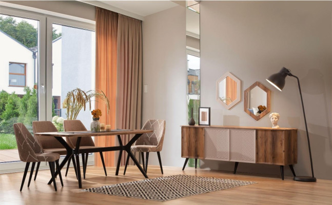 Bruine moderne eetkamerset dressoir houten eettafel 2x spiegel 8-delig
