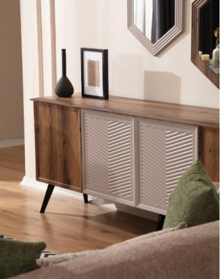Bruine moderne eetkamerset dressoir houten eettafel 2x spiegel 8-delig