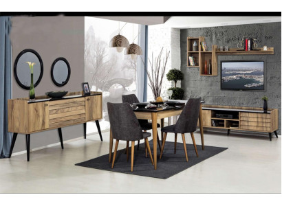 Zwart-bruine eetkamerset Eettafel 4x stoelen Dressoir Spiegel 8-delig