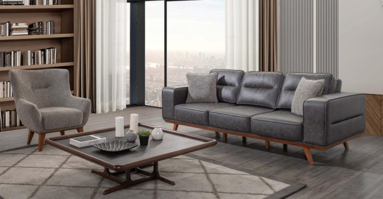 Grijze woonkamerbankstel driepersoons fauteuil luxe gestoffeerde zitter