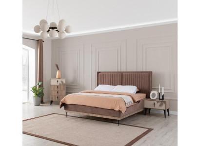 Bruine slaapkamer tweepersoonsbed ontwerper hout Moderne 2x nachtkastjes.