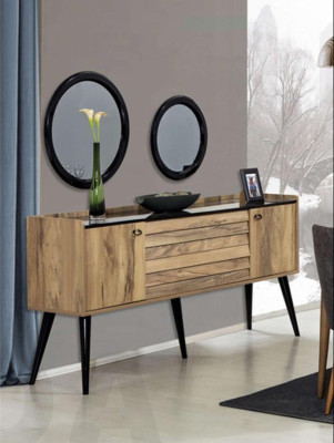 Ontwerper eetkamer meubelset lichtbruin hout dressoir glas spiegel