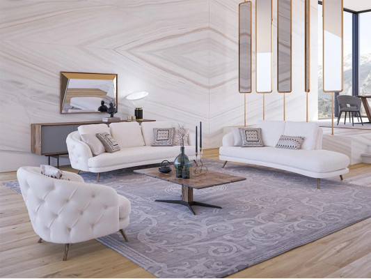 Wit gestoffeerde woonkamerset 4-delig modern 2x driezitsbank design fauteuil.
