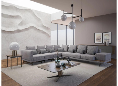 Luxe set woonkamer textiel hoekbank L-vorm hout salontafel met bijzettafel