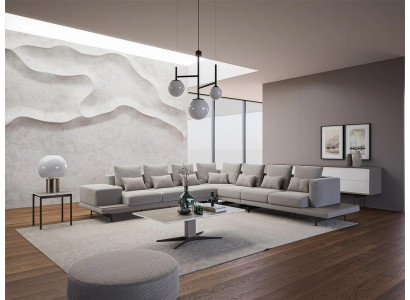 Woonkamer Grijs gestoffeerde hoekbank L-vorm Design salontafel Bijzettafel.