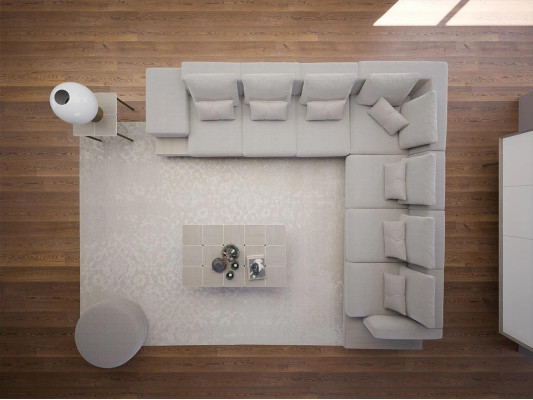 Woonkamer Grijs gestoffeerde hoekbank L-vorm Design salontafel Bijzettafel.