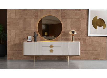 Perfecte eetkamerset bestaat uit beige dressoir en spiegel, 2-delig, nieuw.