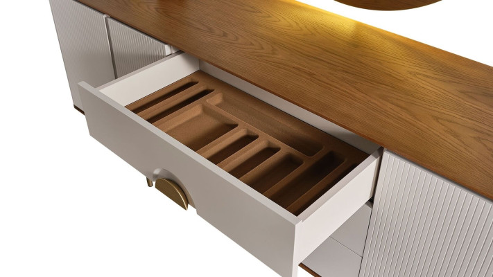 Perfecte eetkamerset bestaat uit beige dressoir en spiegel, 2-delig, nieuw.