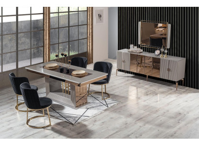Stijlvol eetkamer set eettafel 4x stoelen en dressoir met spiegel 7-delig.