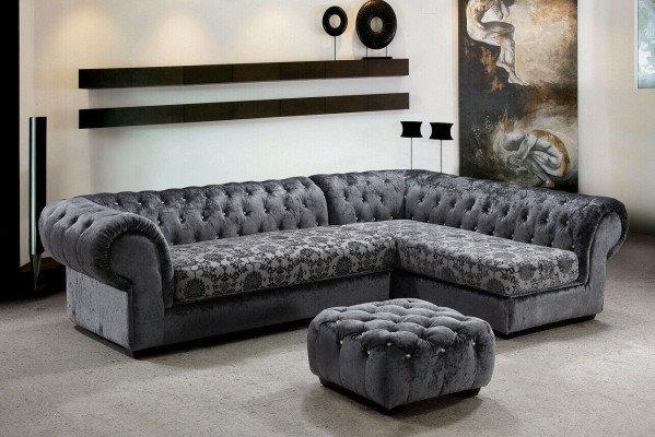 Klassieke Chesterfield stoffen L-vormige bank woonlandschap hoekbank set.