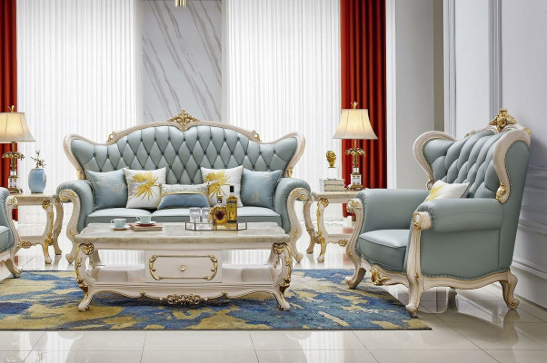 6-delige set (bankstel 3+2+1-zits + salontafel + 2 bijzettafels massief hout)
