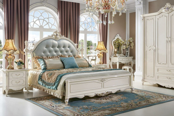 Luxe slaapkamer bed tweepersoonsbed Echt handwerk Hout Lederen gestoffeerde bedden