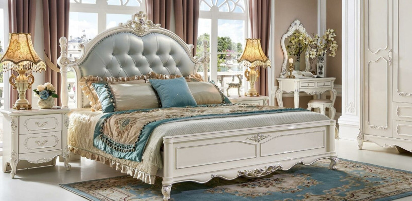 Luxe slaapkamer bed tweepersoonsbed Echt handwerk Hout Lederen gestoffeerde bedden