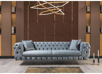 Driepersoonsbank Luxe Chesterfield 3-zitsbank Grijs Bankstellen Velours Nieuw Bank