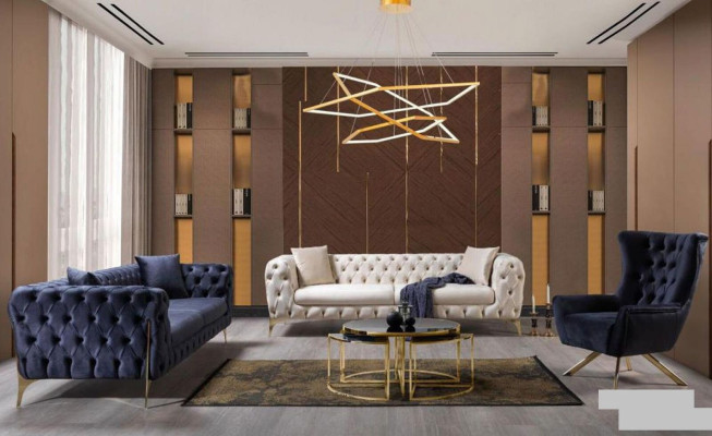 Driedubbele zitbank Luxe Chesterfield 3-zitter Banken Blauw Sofa's Fluweel Nieuw Bank