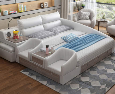 Bed Multifunctional Shelf Cabinet USB Charging Station Double Leather Beds