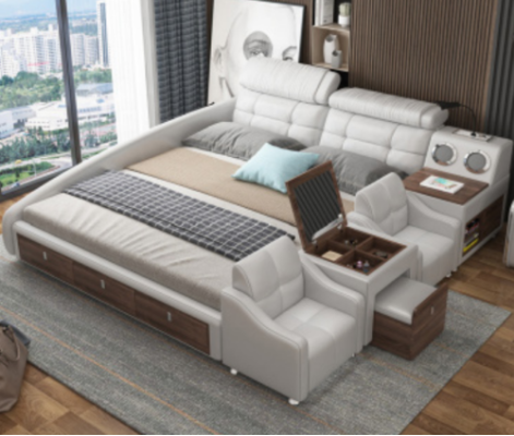 Multifunctioneel bed met luxe design, leren bedden, hotel dubbele opbergplank.