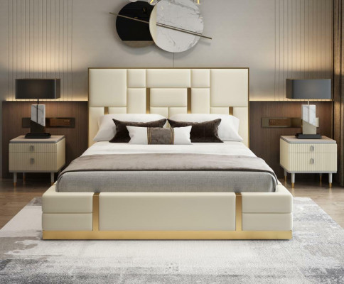 Modern luxe-bed slaapkamer Italiaans lederen gestoffeerd dubbel bed metaal ontwerp.