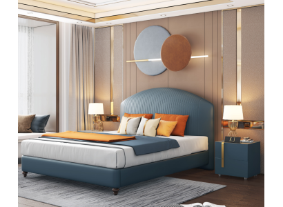 Bed met gestoffeerd design, luxe metaal, tweepersoonsbedden, huwelijksslaapkamer blauw.