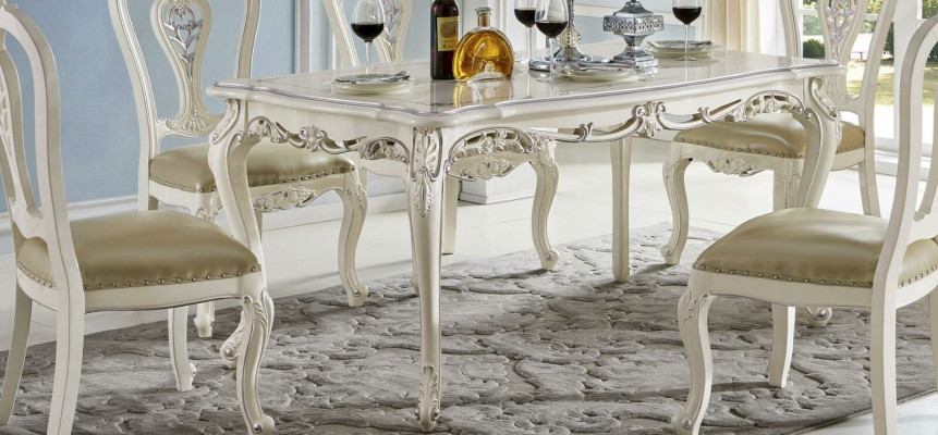 Antieke stijl eetkamer set barok stoel tafel 6x stoelen hout massief hout
