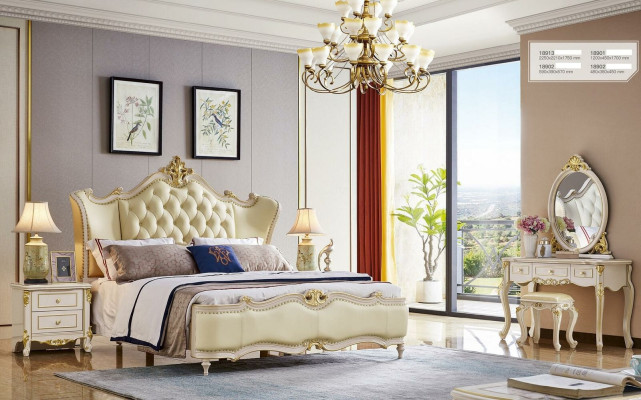Chesterfield bed nachtkastje 3-delig set bedden slaapkamer leer massief hout