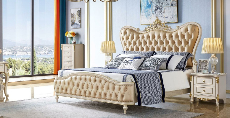 Barok Chesterfield meubel 3-delige set Slaapkamer Bedden 2x nachtkastjes Massief hout