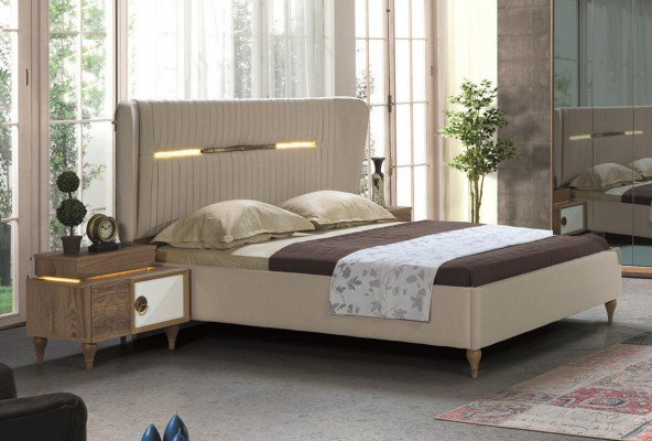 Slaapkamer set Bed 2x Nachtkastjes 5-delig Design Textiel Hout Kledingkast.