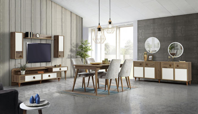 Eetkamerset Tafel 4x Stoelen Dressoirset Garnituur Ontwerp Hout Textiel