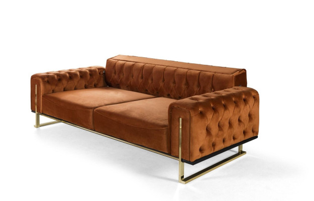 Luxe Chesterfield bankstel 3-zits bruin Cognac, gestoffeerde textielen bankstellen.