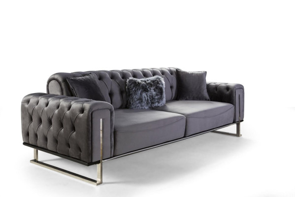 Luxe Chesterfield bank 3-zits grijs bankstel gestoffeerd textiel bankstellen