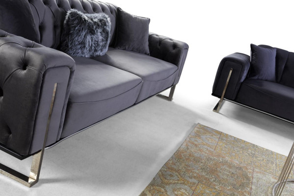 Luxe Chesterfield bank 3-zits grijs bankstel gestoffeerd textiel bankstellen