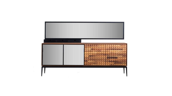Dressoir met spiegel, commode, kast van hout, bruin, eetkamer.