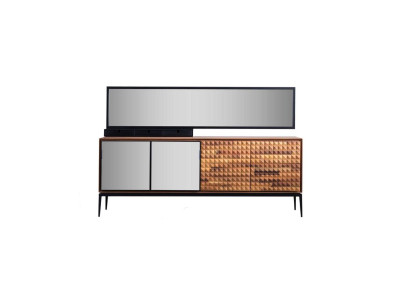 Dressoir met spiegel, commode, kast van hout, bruin, eetkamer.
