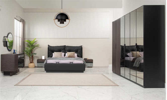 Tweepersoonsbedset Slaapkamer Bed Nachtkastjes Zwart Set 6-delig