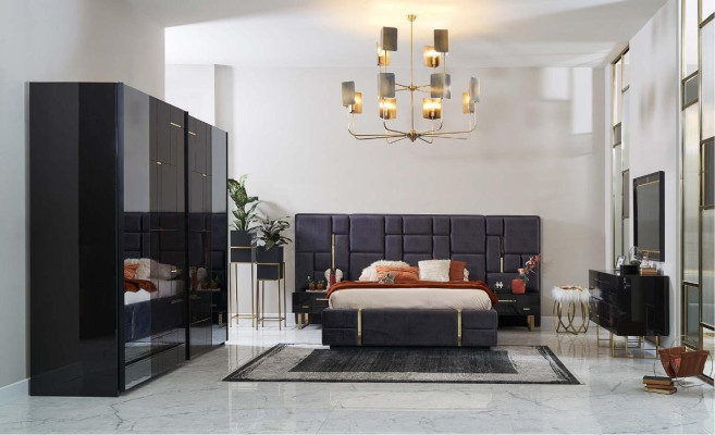 Design tweepersoons bedframe luxe slaapkamer houten set 6-delig zwart
