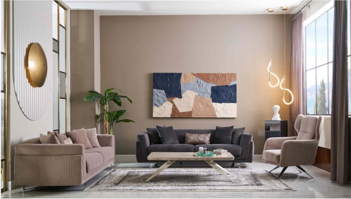 Bankstel Complete bankstel Stoffen bank Gestoffeerde banken Beige Set 3-delig