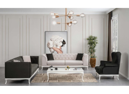 Compleet Chesterfield bankstel lounge set 3-delig stoffen bank zwart