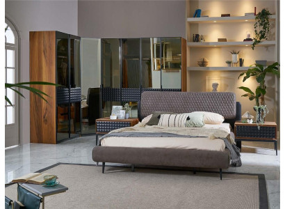 Luxe slaapkamer tweepersoonsbed bruin houten bedframe set 4-delig ontwerp