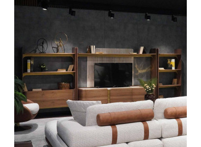 Luxe woonkamermeubilair ontwerp woonkamerset meubels bruin houten boekenkast planken.