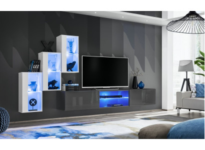 Grijze dressoir tv-standaard set woonwand compleet wandplanken wandkast