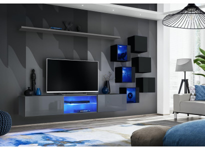 Zet moderne grijze inrichting woonwand tv-standaard dressoir houten meubels wandkast.