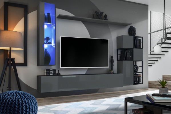 Ontwerper Grijze Woonwand Hangende Vitrine TV-standaard Compleet Hoogglans Dressoir