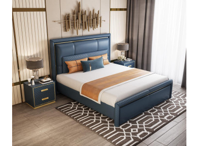 Slaapkamer set Bed 2x Nachtkastje 3-delig Ontwerp Modern Luxe Blauw Goud
