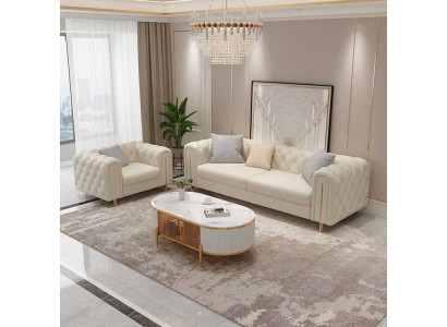 Stel van 2 lederen woonkamerset met een moderne driepersoonsbank en fauteuil.