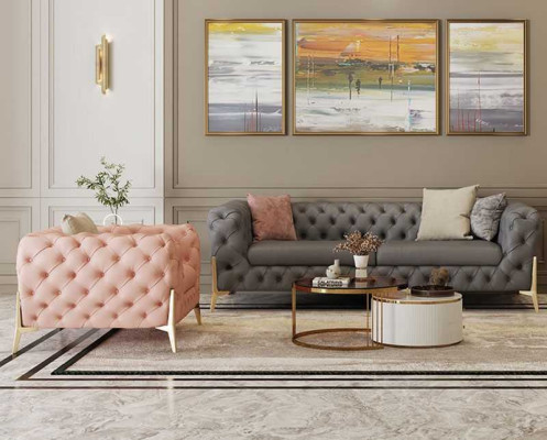 Woonkamerset Design Chesterfield leren bankstel met zitkussens, 2-delig.