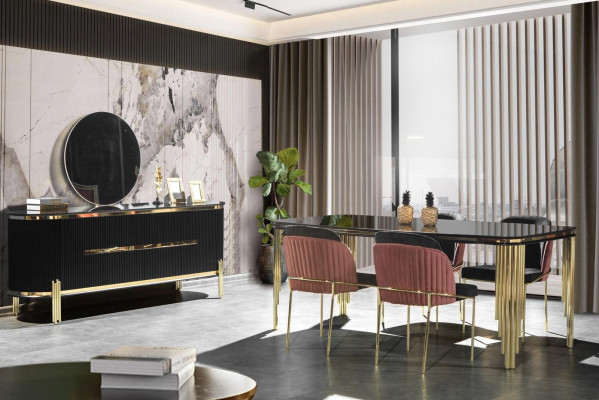 Eetkamermeubels Eettafel Roestvrijstalen tafel Gouden houten meubels Zwart Modern